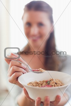 Close up of cereals on a spoon
