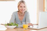 Woman having healthy lunch while working on her notebook