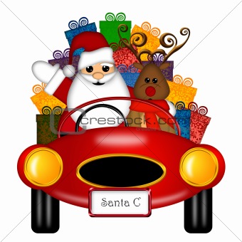 Santa and Reindeer in Red Sports Car with Presents