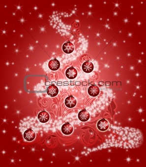 Christmas Tree with Leaf Swirls Sparkles and Ornaments Red