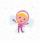 Little cute pink child making angel in snow

