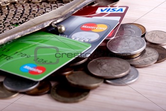 wallet with credit cards and coins