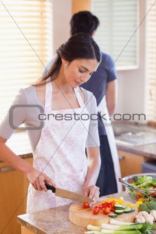 Portrait of a woman chopping pepper while her fiance is washing dishes