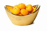 Mandarin oranges in gold ingot container 
