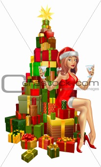 Woman Santa on stack of gifts