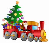 Santa in Train with Gifts and Christmas Tree
