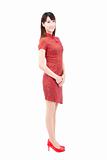 Chinese  woman with traditional clothing  cheongsam and isolated on white