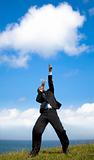 Businessman  holding megaphone with pointing the cloud