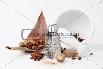 Spices, grater and mortar