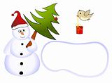 funny snowman with tree and bird with gift