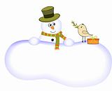 Funny snowman and one bird with olive branch