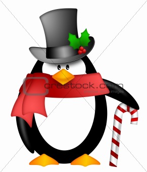Penguin with Top Hat Red Scarf and Candy Cane Clipart