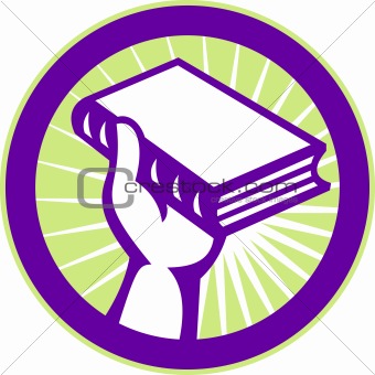 hand holding a book set inside circle