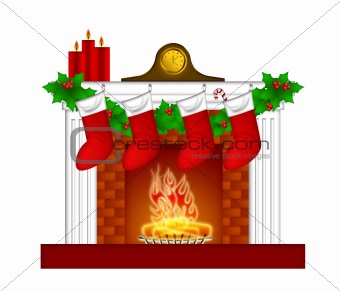 Fireplace Christmas Decoration wth Stockings and Garland