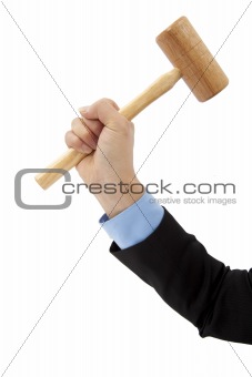 hand of businessman holding hammer isolated on white background