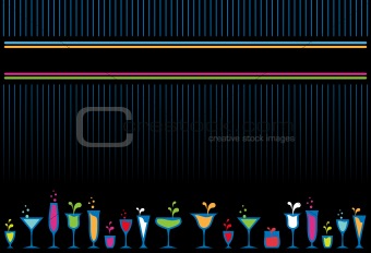 Colorful cocktail glasses and bottles background.