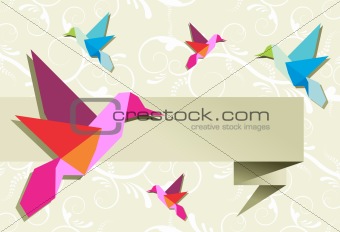 Origami hummingbird group with banner