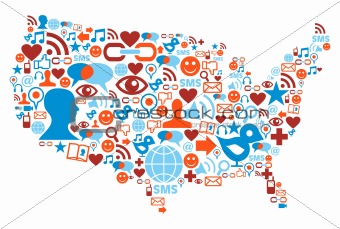 USA map with social media network icons