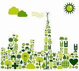 Green City silhouette with environmental icons