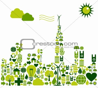 Green City silhouette with environmental icons