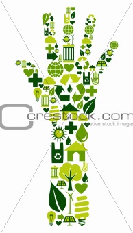 Human hand with environmental icons