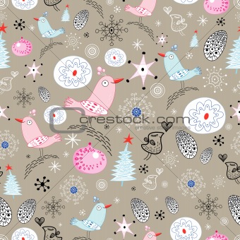 winter pattern with birds and snowflakes