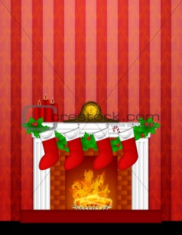 Fireplace Christmas Decoration wth Stockings and Wallpaper