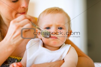 Young mother feeding adorable baby