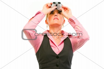 Modern business woman looking up through binoculars
