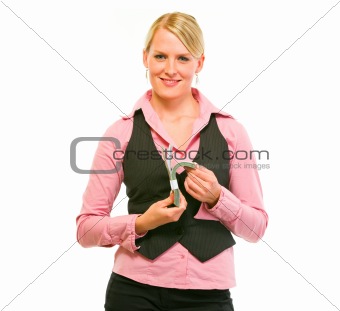 Happy modern business woman counting dollars in pack
