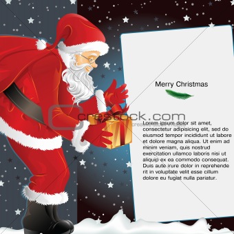 Christmas background with Santa holding gift