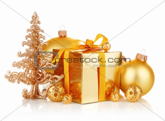 gold christmas gift with balls
