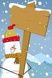 Snowman holding woodenboard
