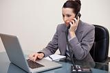 Businesswoman typing on her laptop while on the telephone