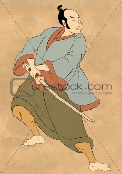 Samurai warrior with katana sword fighting stance