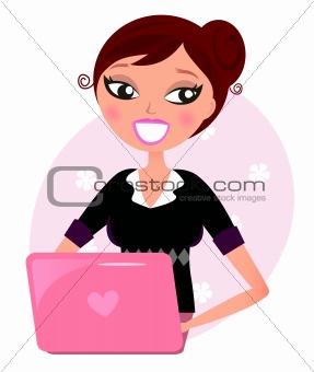 Office brunette woman with pink Laptop isolated on white
