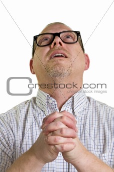nerdy man with glasses begs forgiveness while looking up