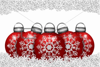 Five Red Ornaments Sitting on Snowflakes