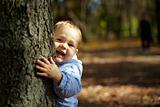 beautiful laughing little boy  hiding and peeking from behind a tree