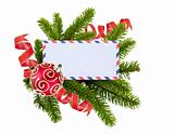 blank postcard, Christmas balls and fir-tree isolated on white b