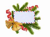 Christmas card, bells and fir-tree isolated on white background