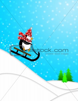 Cute Penguin on Sled Downhill Illustration