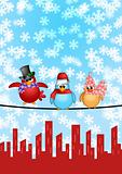Three Birds on a Wire with City Skyline Christmas Scene