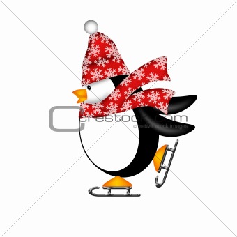 Cute Penguin with Red Scarf on Ice Skates Illustration