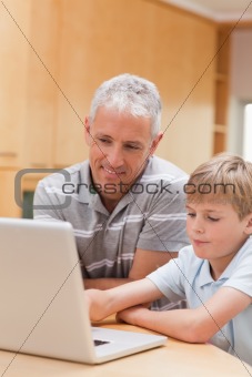 Portrait of a boy and his father using a notebook