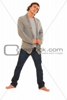 Full length portrait of guy posing on white background
