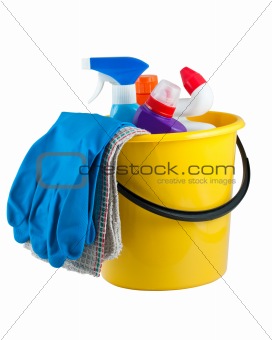 Yellow bucket with cleaning supplies