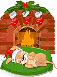 Christmas puppy near fireplace