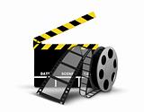 Clapperboard and film reel