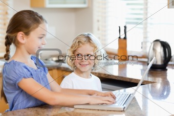 Siblings on the notebook in the kitchen